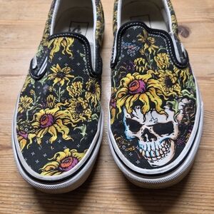 Vans Black and Yellow Skull Floral Slip-On Sneakers